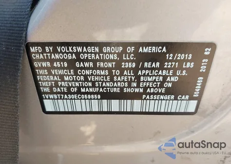 2014 Volkswagen Passat 1.8T Se z USA, uszkodzony, nr VIN 1VWBT7A30EC059859